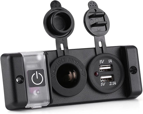 12V Waterproof Cigarette Lighter Socket, Dual USB Power Socket Switch Panel for Car RV Marine Boat