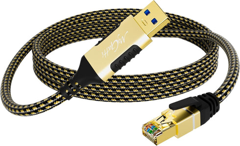 USB A to Ethernet Adapter Cable 25 FT, Upgrade USB-A to RJ45, Gold-Plated Connector, Nylon Braided, Gigabit LAN Network