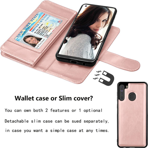 Njjex Wallet Case for Samsung Galaxy A21, 2020, Rose Gold, PU Leather with 9 Card Slots, Detachable Kickstand & Lanyard