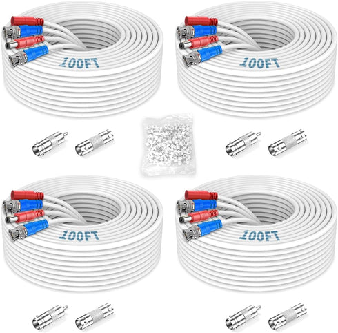 2-in-1 Video Power Cable 4-Pack 100FT White Extension Wire with BNC Connectors