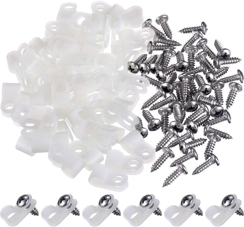 Hicarer 50 Pack R-Type Cable Clip Wire Clamp, Nylon Screw Mounting Fastener Clips with Screws for Wire Management
