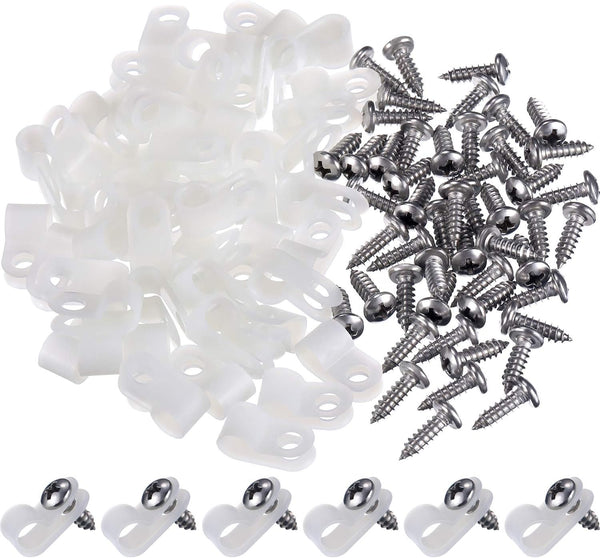 Hicarer 50 Pack R-Type Cable Clip Wire Clamp, Nylon Screw Mounting Fastener Clips with Screws for Wire Management
