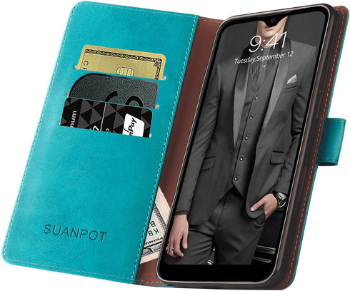 SUANPOT RFID Blocking Leather Wallet Case for Samsung Galaxy A12, Flip Folio Book Phone Case, Shockproof Cover (Blue