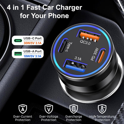 USB C Car Charger, 2 Pack 4-Port 65W Dual USB-C & USB-A Fast Charging Adapter for iPhone 15 14 13 12 11 Pro Max