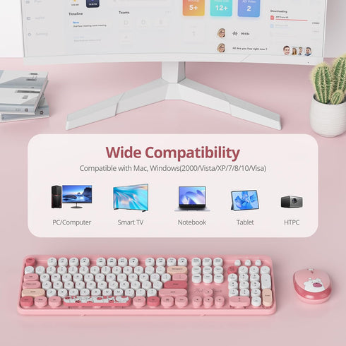 Typewriter Wireless Keyboard and Mouse Combo, 2.4G Office 104 Keys Full Size Retro Punk Keyboard with Round Keycaps