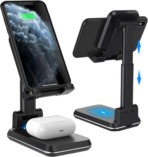 2 in 1 Wireless Charger, Dual Wireless Charging Desk Phone Stand, 10W Qi Fast-Charging Foldable Tablet Stand for iPhone