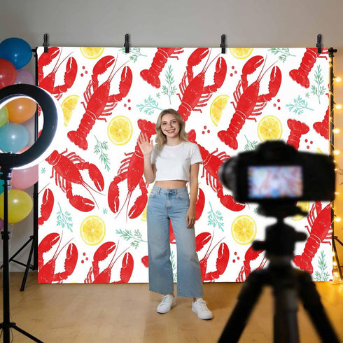Generic Summer 12 8 Fruit Photo Backdrop for Photoshoot, x FT Red Lobsters Watercolor Lemon Slices Green Leaves Photo