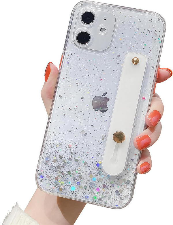 siduater Strap Holder Case for 6.1" iPhone 12 with Wristband Kickstand, Bling Glitter Clear Cover Soft TPU Bumper