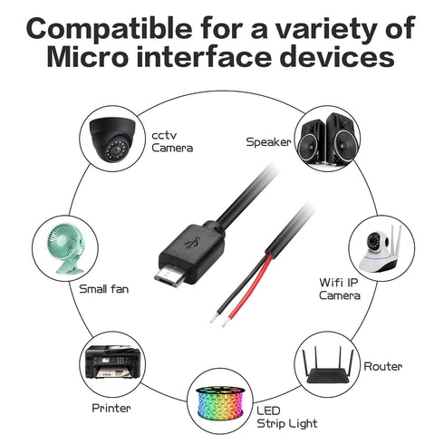 YAODHAOD Micro USB Male 2 Pin Bare Wire, 5V 3A Pigtail Power Cable for USB Equipment (5PCS)