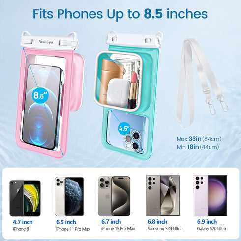 Niveaya Floatable Waterproof Phone Pouch 2 Pack, Large Space Adjustable Neck Lanyard, Phone Dry Bags for Beach Travel