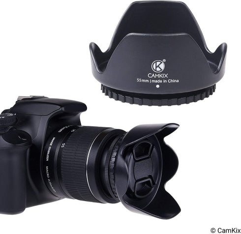55mm Set of 2 Camera Lens Hoods, Rubber (Collapsible) + Tulip Flower, Sun Shade/Shield