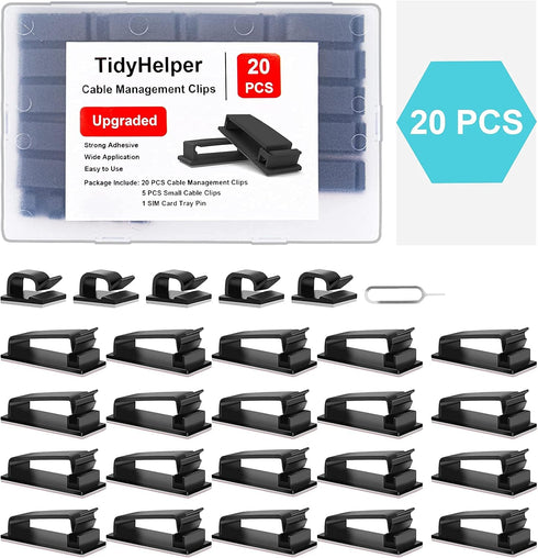 Cable Management Clips, Large Cord Clips for Under Desk Wire Management, Black 20 PCS Organizer