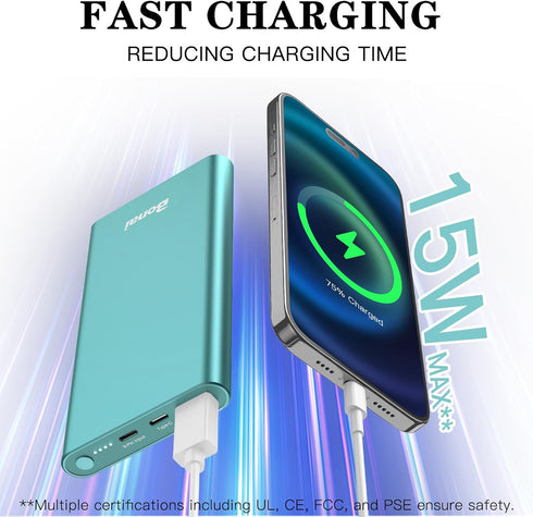 BONAI Portable Charger 12,000mAh 5V/3A Fast Charging Power Bank, Dural Input & Output Ports (USB-C in & Out) Portable Phone Charger for iPhone 15/14/13/12 Series Samsung Galxy Android iPad etc - Mint