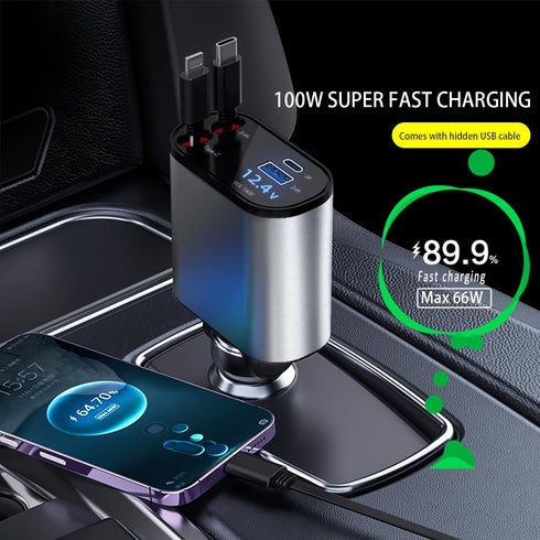 Kwak's Retractable Car Charger - USB C Fast Charger Adapter with Retractable Cable for Phone (2 Apple Cables)
