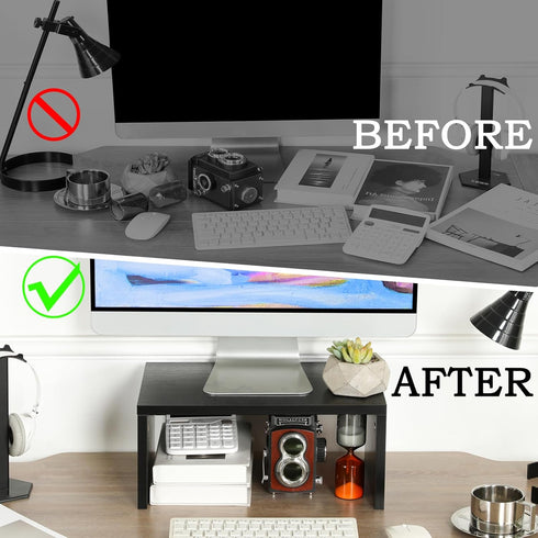 TEAMIX 14.2 inch Black-Higher Monitor Stand Riser, Wood Riser with Storage for Small Monitor, TV, PC, Laptop