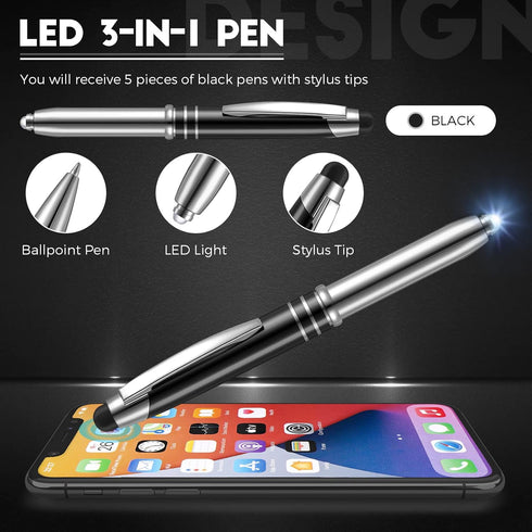 5 Pieces Multi-Function Stylus Pen for Touchscreen Devices, 3 in 1 with LED Flashlight, Ballpoint, Invisible Ink (Black)