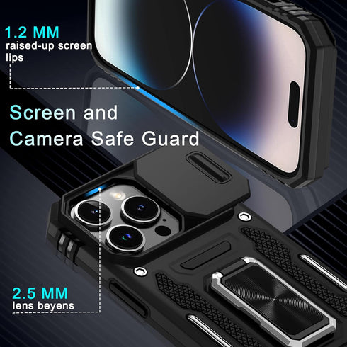 DEERLAMN iPhone 14 Pro Case - Black, 6.1" Military Grade Shockproof, Slide Camera Cover, Screen Protector & Kickstand.