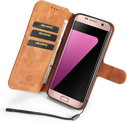 UEEBAI PU Leather Case for Samsung Galaxy S7 Edge, Vintage Retro Wallet Flip Cover, Brown