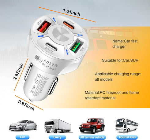 4 Ports Car Fast Charging Charger, QC 3.0, PD 20W, Type C, 3.1 A Cigarette Lighter Adapter for Car SUV, White