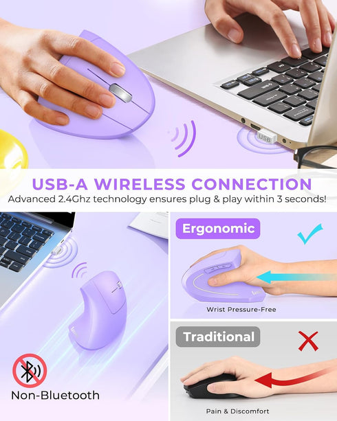 Lekvey 2.4G 1000/1200 1600 6 Ergonomic Mouse, Vertical Wireless Mouse, Rechargeable Optical Carpal Tunnel Mice with USB