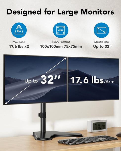HUANUO 32 inches 17.6lbs 2 Dual Monitor Stand up to per Arm, High-Grade Aluminum Free Standing Dual Monitors Mount
