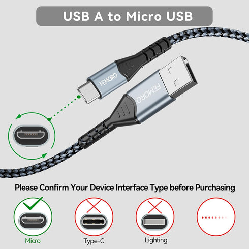 FEMORO Micro USB Cable 10ft, USB A to Micro USB 2.0 Charger Cables for Android, Long USB Micro Data Transfer Cord