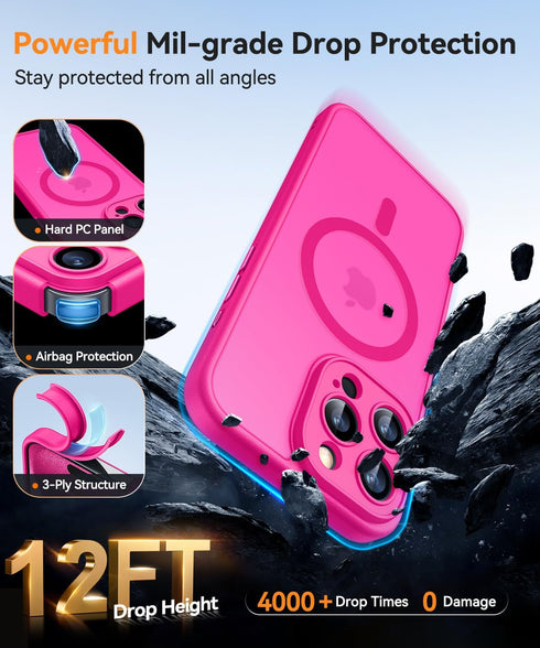 CANSHN iPhone 15 Pro Max Case - Shockproof, Translucent Matte, Full Camera Protection, MagSafe Compatible - Hot Pink