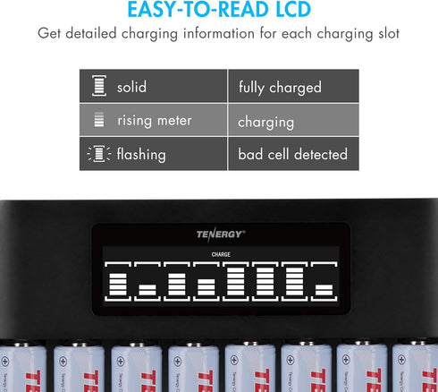 Tenergy TN480U 8-Bay LCD Display Fast Charger for NiMH/NiCD AA AAA Rechargeable Batteries with Mirco USB and USB Type C