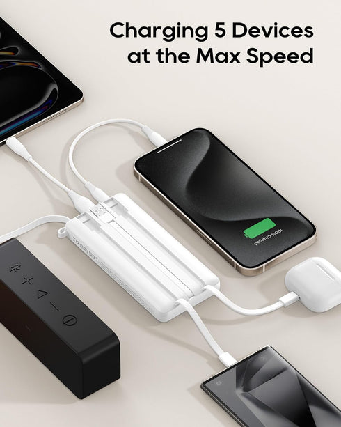 VRURC Portable Charger 10000mAh with Built-in Cables, LED Display Slim USB C Battery Pack for iPhone, Samsung, Android
