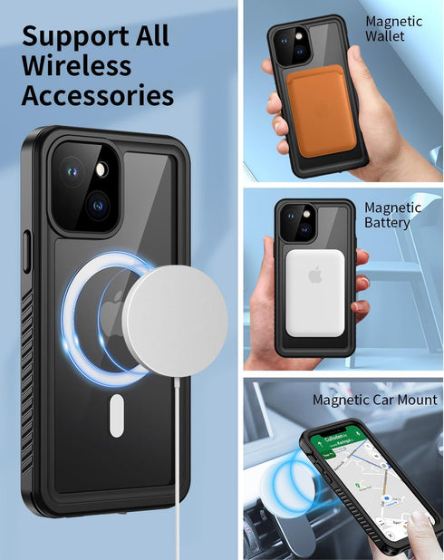 Lanhiem for iPhone 13 Magnetic Case - Waterproof Dustproof Shockproof Cover with Built-in Screen Protector (Black)