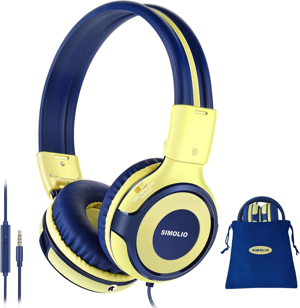 SIMOLIO On-Ear Kids Headphones, Foldable & Durable, 75dB-94dB Volume Limit, Microphone, AUX Jack, Yellow.