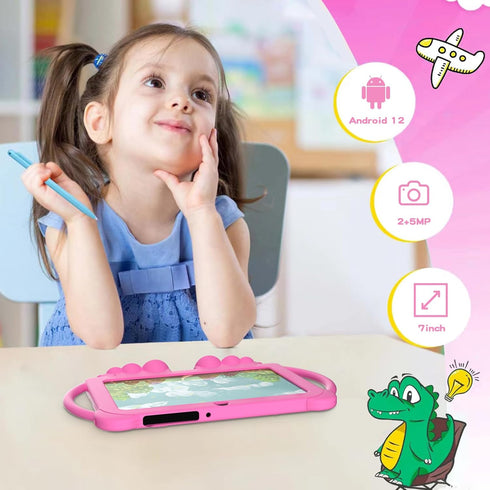 Kids 7 Inch Tablet for Android 12, Toddler Tablets with Protective Cover, 32GB+4GB WiFi Bluetooth Dual Camera