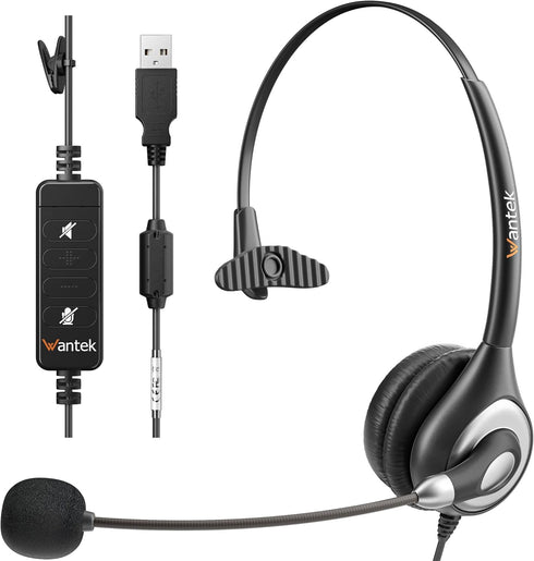 Wantek Corded USB Headsets Mono with Noise Cancelling Mic and in-line Controls,