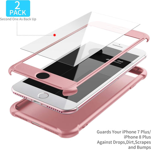 ORETECH iPhone 8 Plus/7 Plus Case, 360° Full Body Hard PC Silicone with 2 Pack 9H Tempered Glass Protector, Rosegold