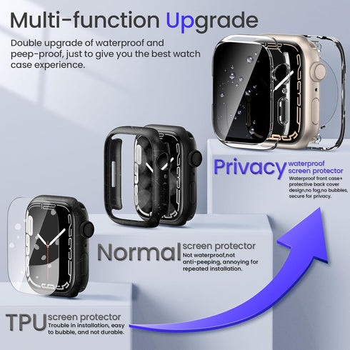 Goton 2 in 1 Privacy Waterproof Apple Watch Case for Series 9 8 7 Screen Protector 45mm, Front Anti Spy Tempered Glass Face Cover + Back Bumper for iWatch Accessories 45 mm Clear