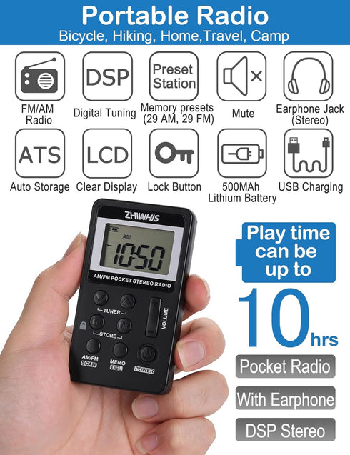 ZHIWHIS Portable Radio, AM FM Mini Transistor Rechargeable Battery Personal Digital Tuning Stereo Pocket Walkmen with