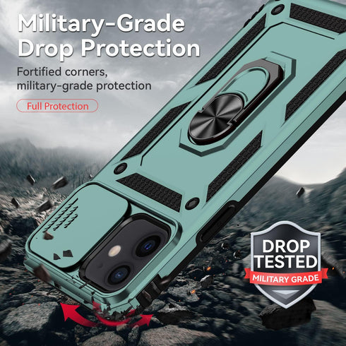 iPhone 12 Mini Case with Camera Lens Cover, Dual Layer Military Grade Drop Protection, Magnetic Ring Holder