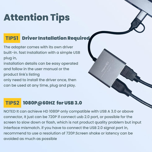 USB to HDMI Adapter for Dual Monitor, USB 3.0 for 2 Monitors, USB A to HDMI + USB C to HDMI Adapter, USB Video Card