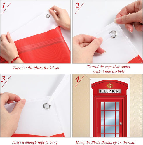 English Phone Booth Door Cover, Large Fabric Red Telephone Box Decor Banner for Photo Backdrop, 78.7 x 35.4 Inch