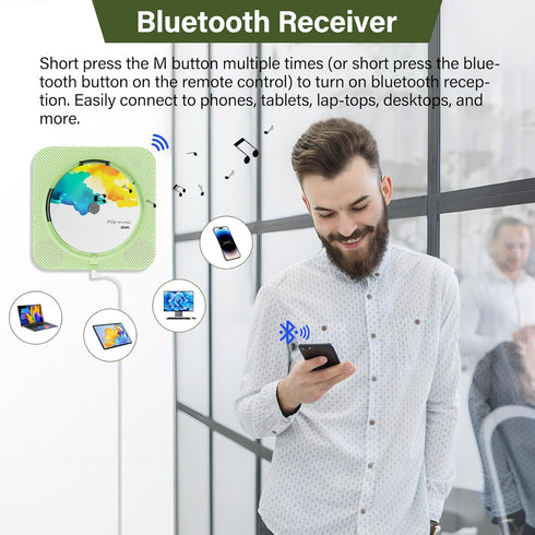 Portable CD Player with Bluetooth, Desktop Speakers for Home, Remote Control, LED Display, Supports CD/FM