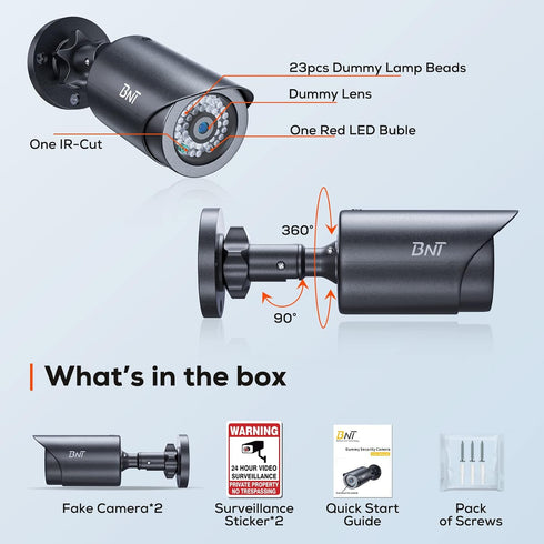 BNT Dummy Fake Security Camera with Red LED Light for Home and Business Security, Indoor/Outdoor (2 Pack, Black)