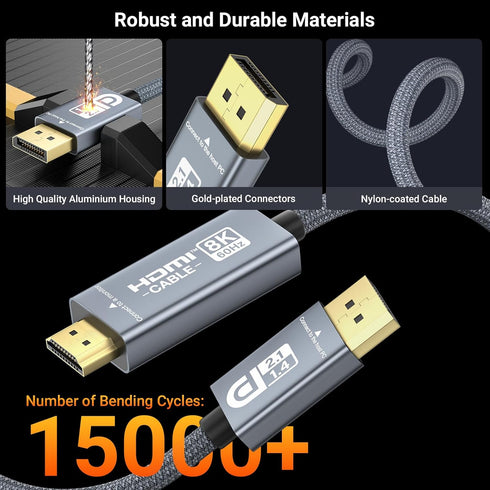 8K@60Hz 4K@240Hz/120Hz, 1.4a/2.1 2.1 Dolby 2.3, RTX4090/4080, RTX5090/5080 (3.3ft) DisplayPort to HDMI Cable Active