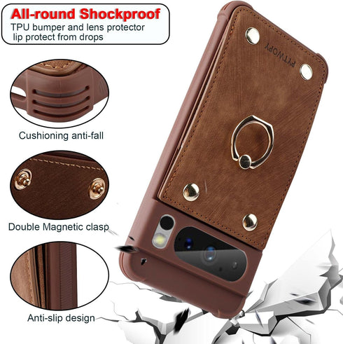 Google Pixel 8 Pro 5G Wallet Case, Leather Shockproof Cover with Credit Card Holder, 360° Rotation Ring Stand, RFID