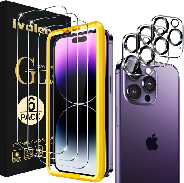 iVolver 3+3 Pack Tempered Glass Screen Protector for iPhone 14 Pro Max 6.7'' + Camera Lens Protectors & Alignment Frame.