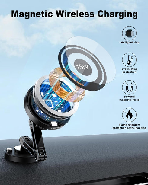 Magnetic Wireless Car Mount Charger, 15W Fast Charging Mag-Safe Car Mount, Fits iPhone 15 14 13 12 and All Smartphones