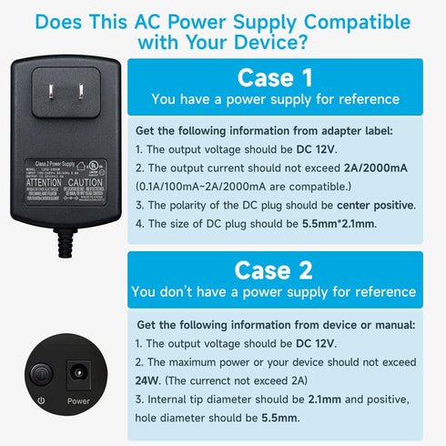 12V 2A 10ft Power Adapter with 8 Tips, 2000mA 24W AC Charger Replacement for LED Strip Light, CCTV Camera, Router