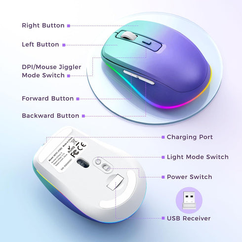 Wireless Mouse Jiggler, LED Wireless Mice with Built-in Mouse Jiggler Mover, Rechargeable Moving Mouse for Computer