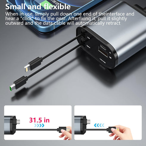 Retractable Car Charger, 4 in 1 Fast Car Phone Charger 120W with 2.7Ft Cables and 4 Electronic Ports for iOS & Android