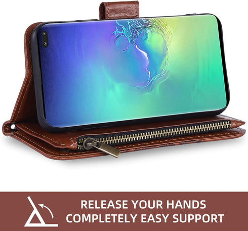 Asuwish Wallet Case for Samsung Galaxy S10 Plus - Brown Leather Flip with Tempered Glass & Card Holder Stand.