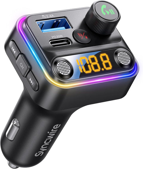 Syncwire Bluetooth 5.4 FM Transmitter Car Adapter, 42W, Dual-Mic, HiFi Bass Sound, Fast Charging, Wireless Music Adapter
